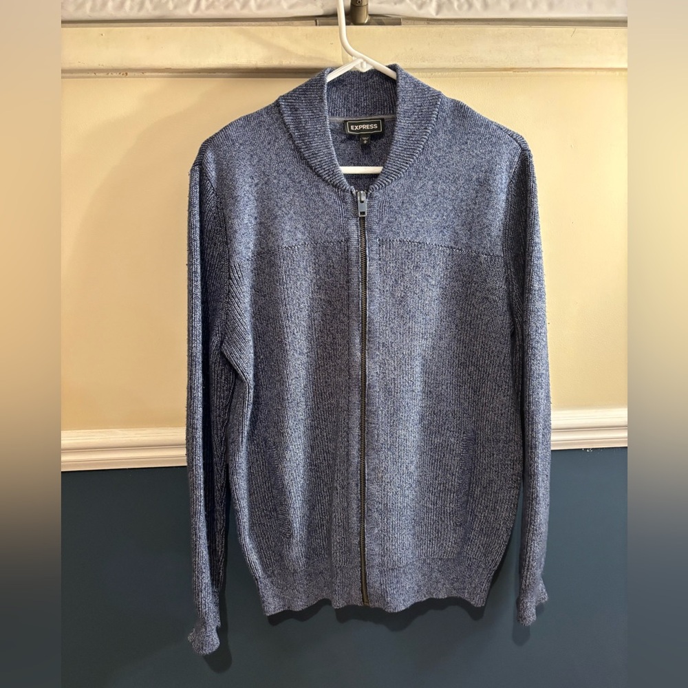Express Men's Heathered Blue/Gray Full Zip-Up Sweater, Men’s Size Medium